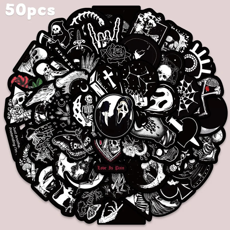 50pcs Black & White Skull Sticker Set Cartoon Graffiti Decals for Phone Laptop Luggage DIY