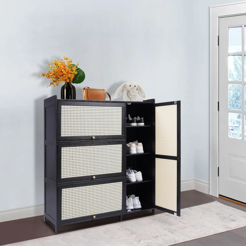 Bamboo Shoe Cabinet with Mesh Ventilation and Space Saving Doors - Entryway Organizer