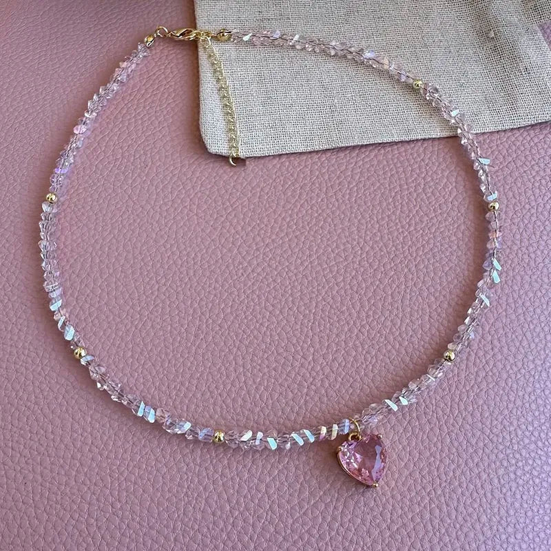 Elegant Imitation Pearl Pink Stone Chain Choker Necklace for Girls Jewelry Trend