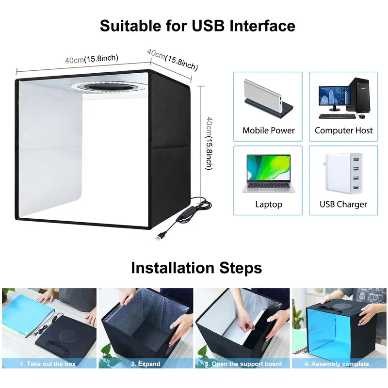 Portable Dimmable Photo Studio Light Box Kit 30/40cm with 6/12 Color Backgrounds