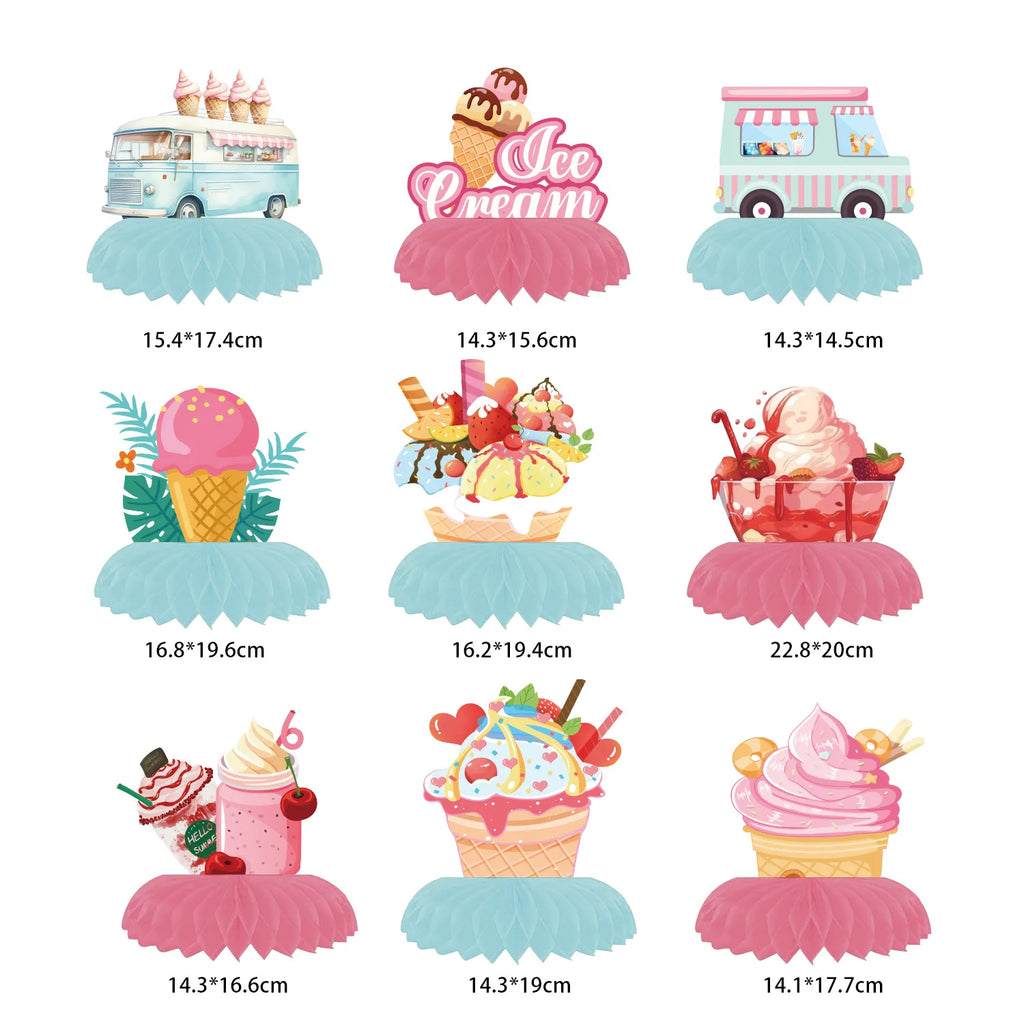Ice Cream Themed Party Decorations Set - Birthday Banner & Honeycomb Ornaments