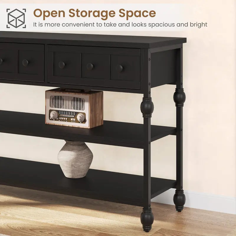 52-Inch Narrow Console Table with 3 Drawers & 2 Shelves - Farmhouse Industrial Entryway Sofa Table