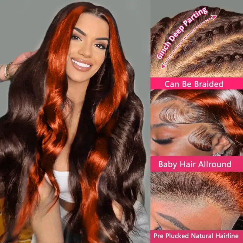 Highlight Ginger 13x6 HD Lace Human Hair Wig Body Wave Ombre Lace Front Wig