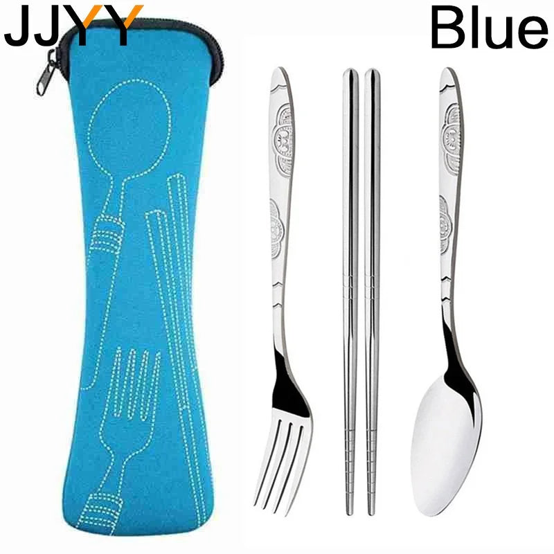 Portable Stainless Steel Cutlery Set for Camping - Fork, Spoon, Knife & Chopsticks with Bag