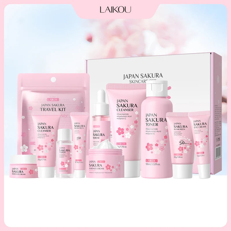 Sakura Skincare Set - Cleanser, Toner, Serum, Eye Cream, Sunscreen & Travel Kit