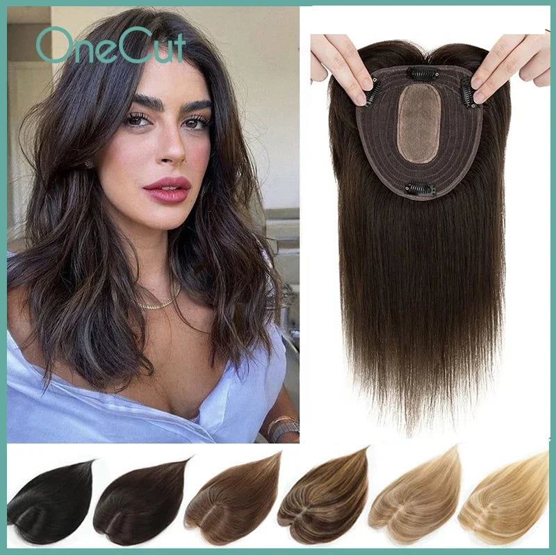 Clip-In Straight Silk Top Wig with Bangs for Women - Real Human Hair, Blonde