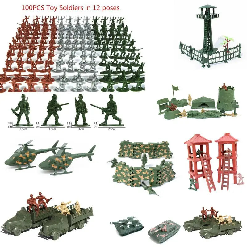 100-Piece Plastic Army Soldier Figures Set with Vehicles & Accessories for Kids