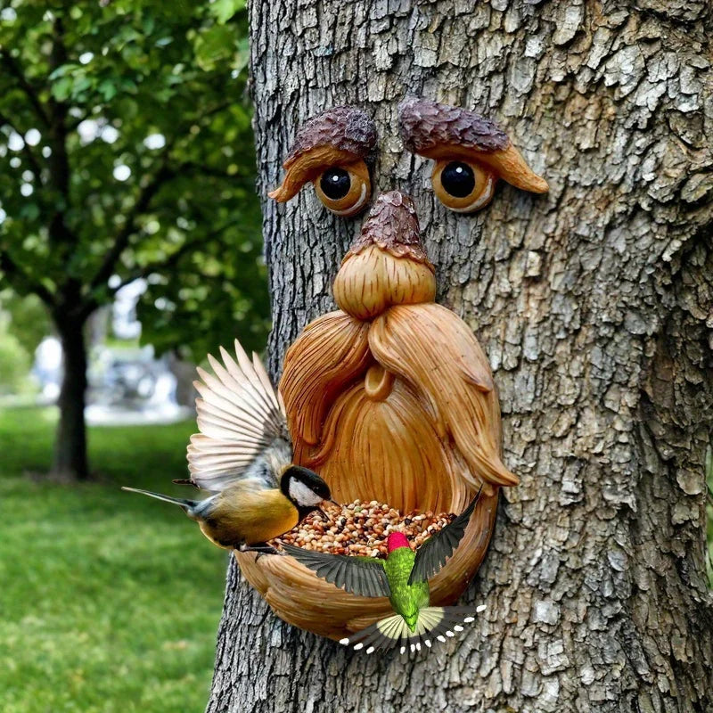 Tree Face Decor Bird Feeder with Glowing Eyes Outdoor Yard Garden Sculpture