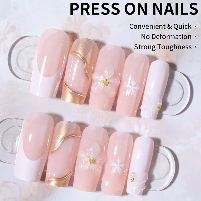 24Pcs Long Square 3D Gel Nail Art Set with Pearl Decor for French Acrylic Press-On Nails