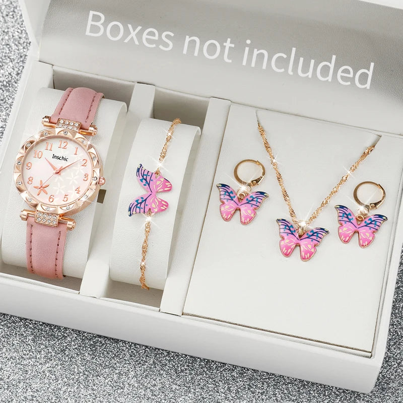 Fashion Women’s Quartz Watch Set with Leather Band and Rhinestones – Multiple Colors