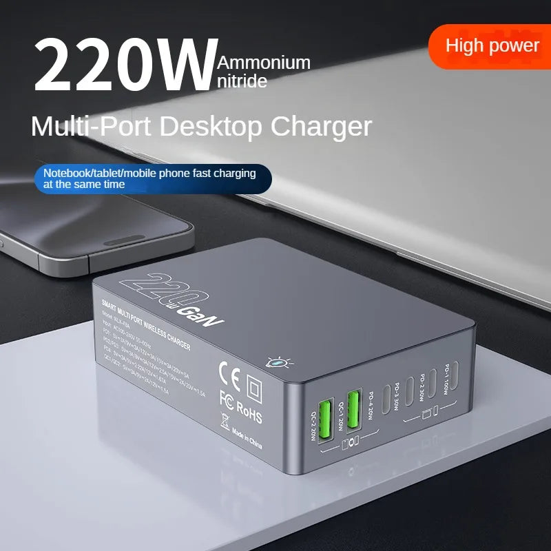 220W GaN Desktop Charger with 6 USB Ports Fast Charging Station for Smartphones Tablets Laptops