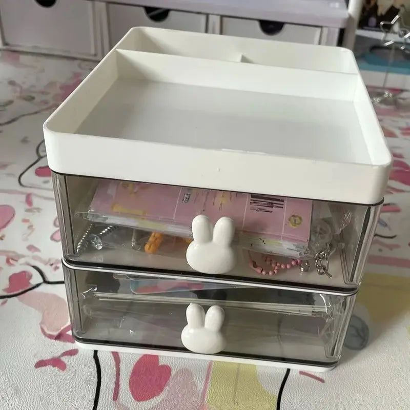 Transparent Drawer Storage Box with Sliding Drawers and Top Compartment for Office and Cosmetics Organization