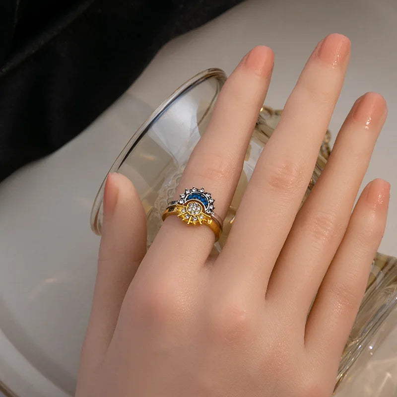 Sparkling Sun and Moon Adjustable Couple Rings CZ Open Promise Jewelry Set