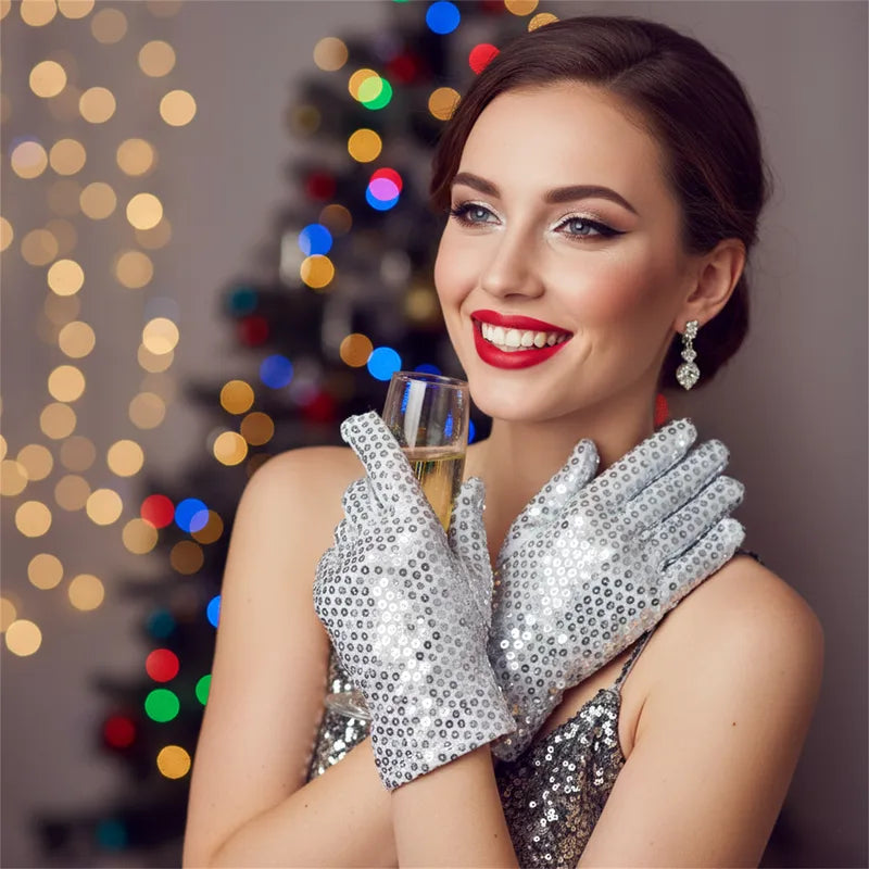 Silver Glitter Mesh Dance Gloves - Sparkly Stage Performance Accessories