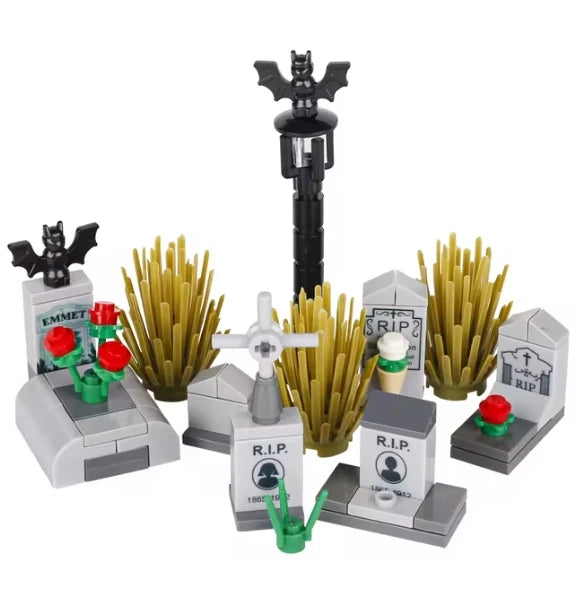 Halloween Scene Building Blocks Kit - Cemetery Tombstone, Vampire, Pumpkin, Bat, Candle Light, Toy Gift