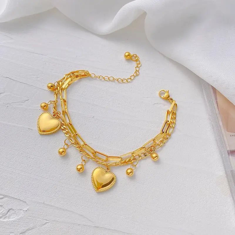 Women’s 2-Layer Heart Charm Chain Bracelet Stainless Steel Jewelry Trendy Gift