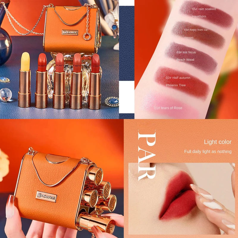 Waterproof Matte Lipstick Set - Long Lasting Lip Gloss Kit with Velvet Finish and Leather Bag