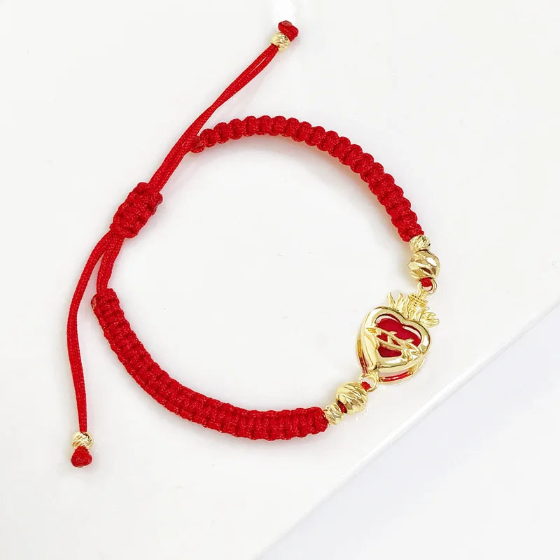 Religious Heart Shaped Crystal Cross Bracelet for Men Women - Lucky Red Rope Braided Jewelry