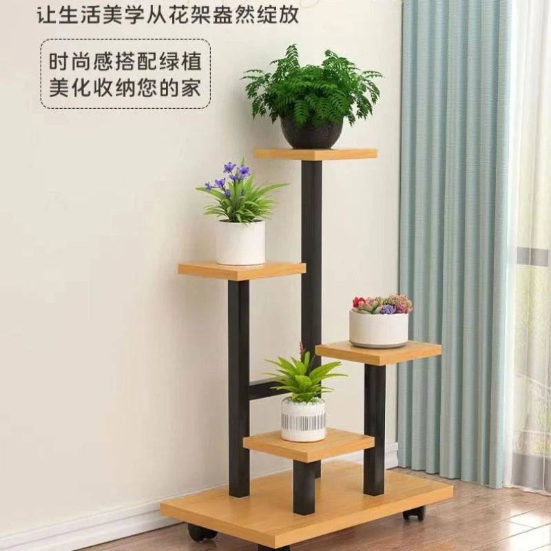 Heavy Duty Multi-Tier Iron Plant Stand with Wheels - Indoor & Outdoor Gardening