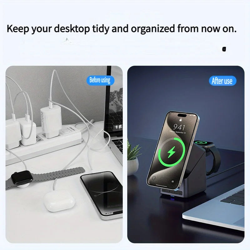 4-in-1 Magnetic Wireless Charger Station with Digital Clock, Fast Charging for iPhone, Apple Watch, AirPods, 180° Rotation