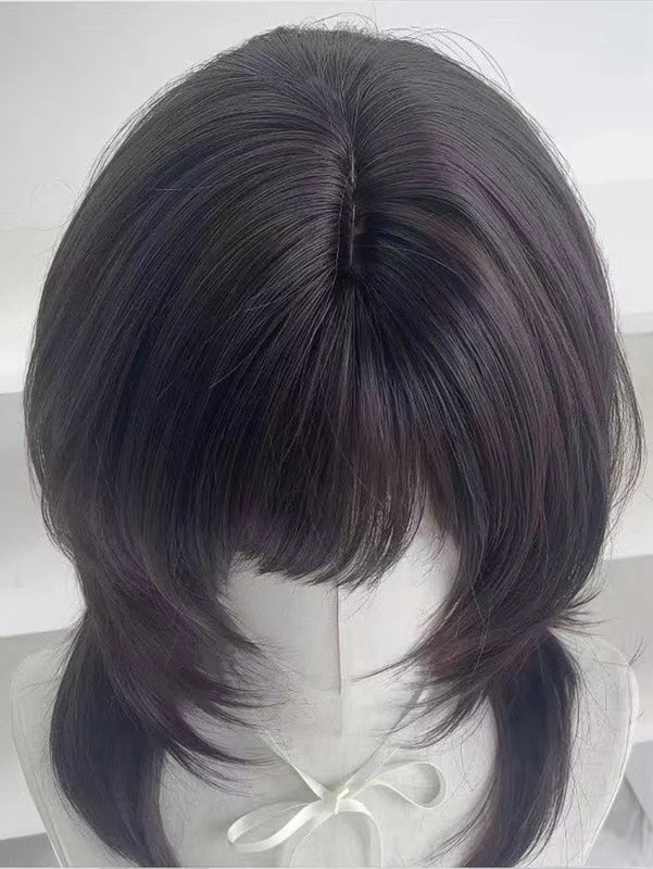 Synthetic Brown Black Medium Straight Wig with Bangs for Women - Natural Layered Style