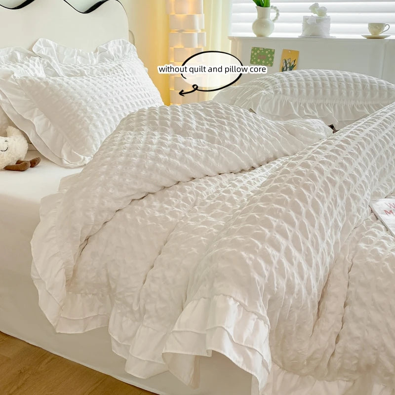 Korean Lace Bedding Set 3 Pieces Seersucker Duvet Cover and Pillowcases