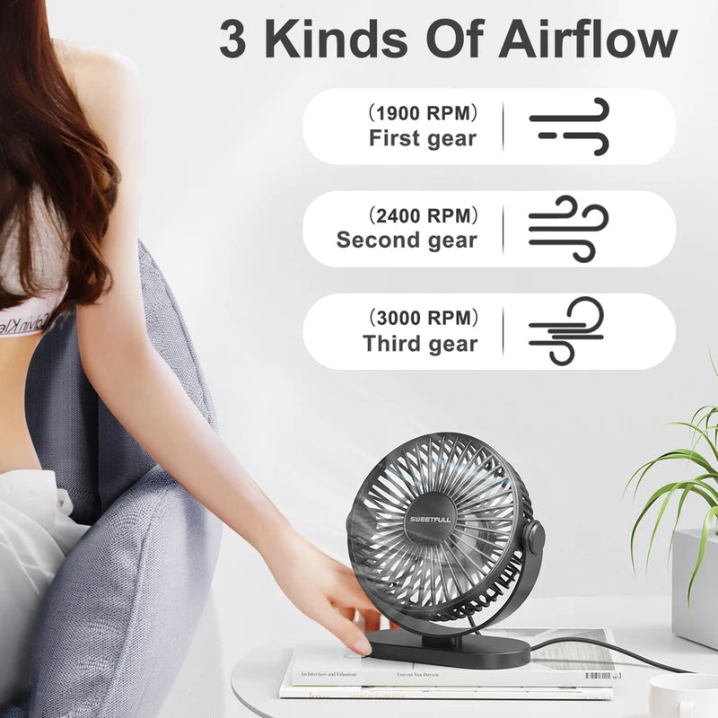 Portable USB Desk Fan with 3 Speed Settings, Quiet Mini Cooling Fan for Home Office Travel