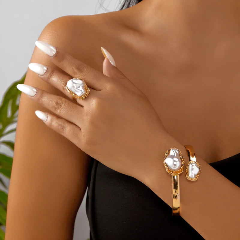 Elegant Pearl Jewelry Set for Women Vintage Snake Chain Necklace Open Cuff Bangle & Ring