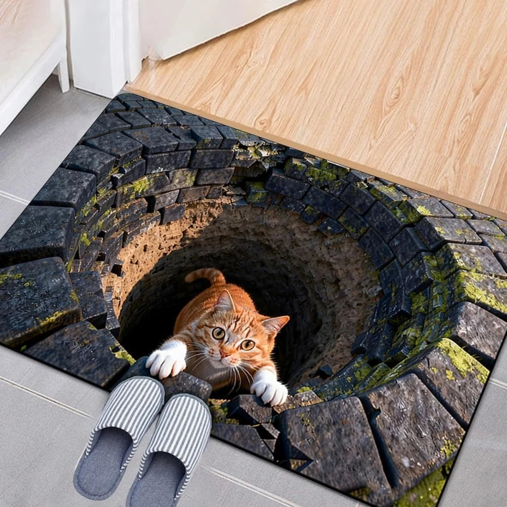 3D Optical Illusion Cat Door Mat - Absorbent Non-Slip Rug for Living Room & Bedroom
