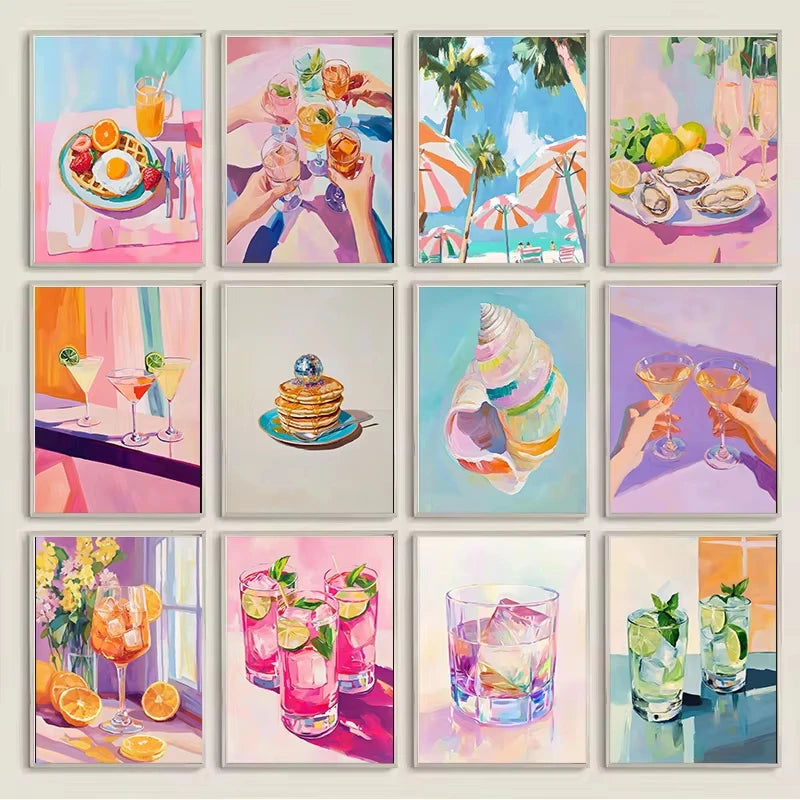 Oil Painting by Numbers Kit Pastel Pink Seaside Food Still Life Canvas Wall Art