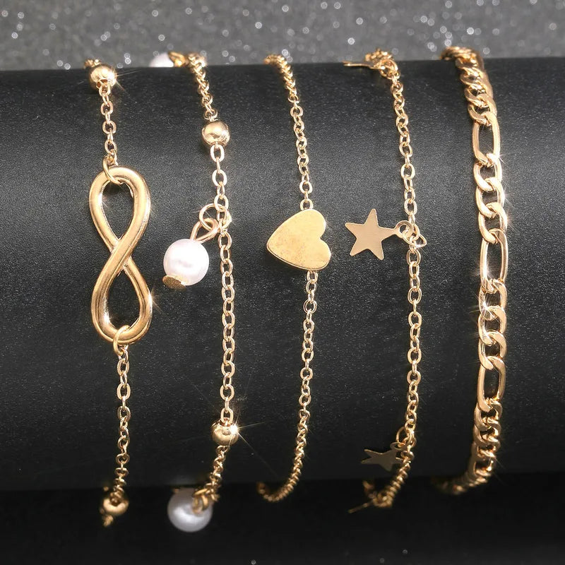 5Pcs Retro Multilayer Tassel Anklet Set for Women Beach Jewelry Bohemia Vintage Foot Accessories