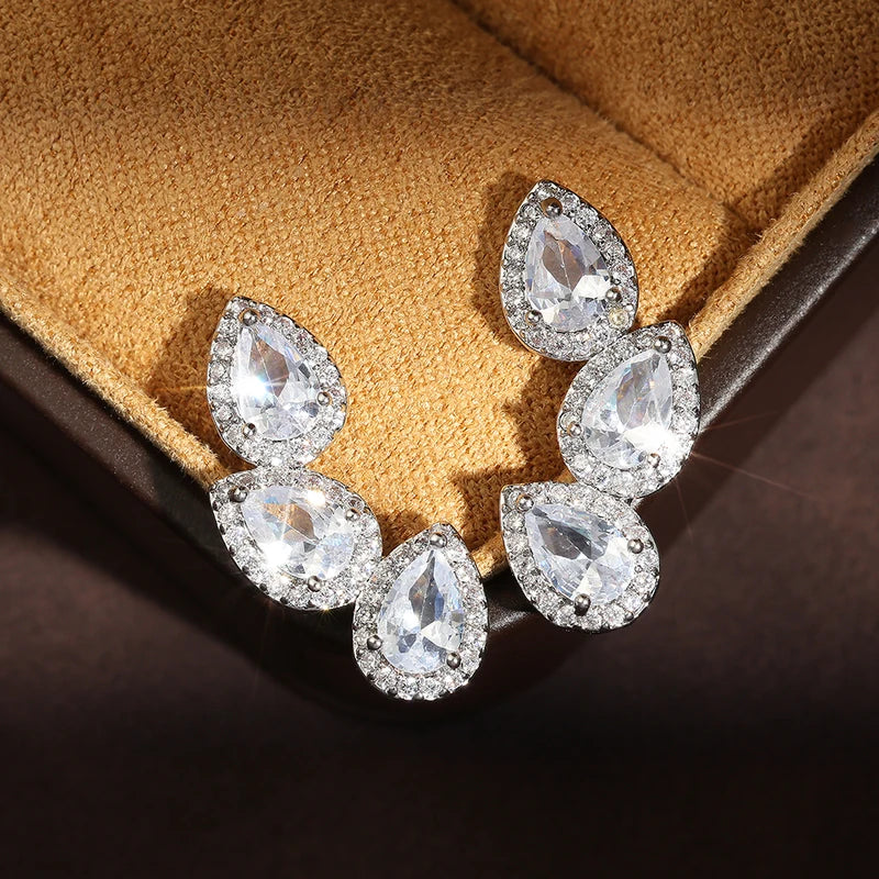 Luxury Zircon Leaf Stud Earrings for Women - Crystal Water Drop Ear Jewelry