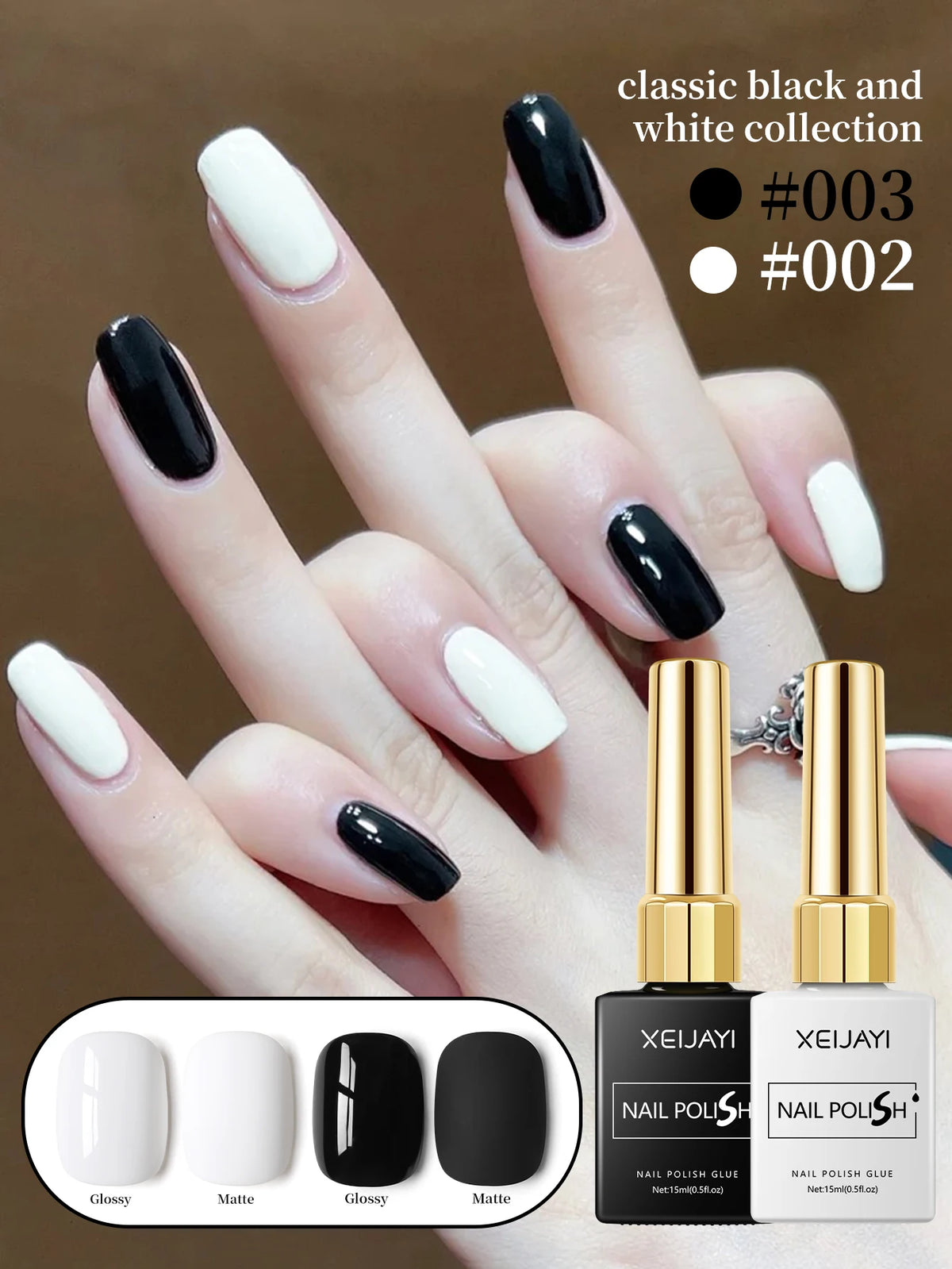 Black and White Gel Nail Polish Set - Long-Lasting & Removable 15ml 2 Pack for Beginners