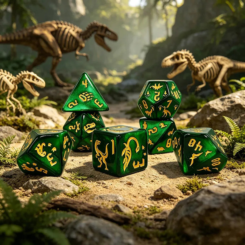 7-Piece Green Dinosaur Dice Set with Gold Skeleton & Footprint Symbols for RPG & D&D