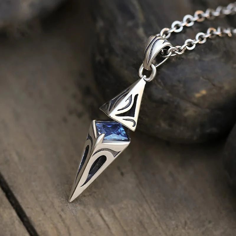 Men's Blue Stone Necklace with Geometric Pendant - Stainless Steel Collar Jewelry