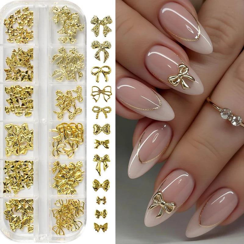 Golden Bow Nail Art Charms Set - 12 Alloy Nail Jewelry Decorations