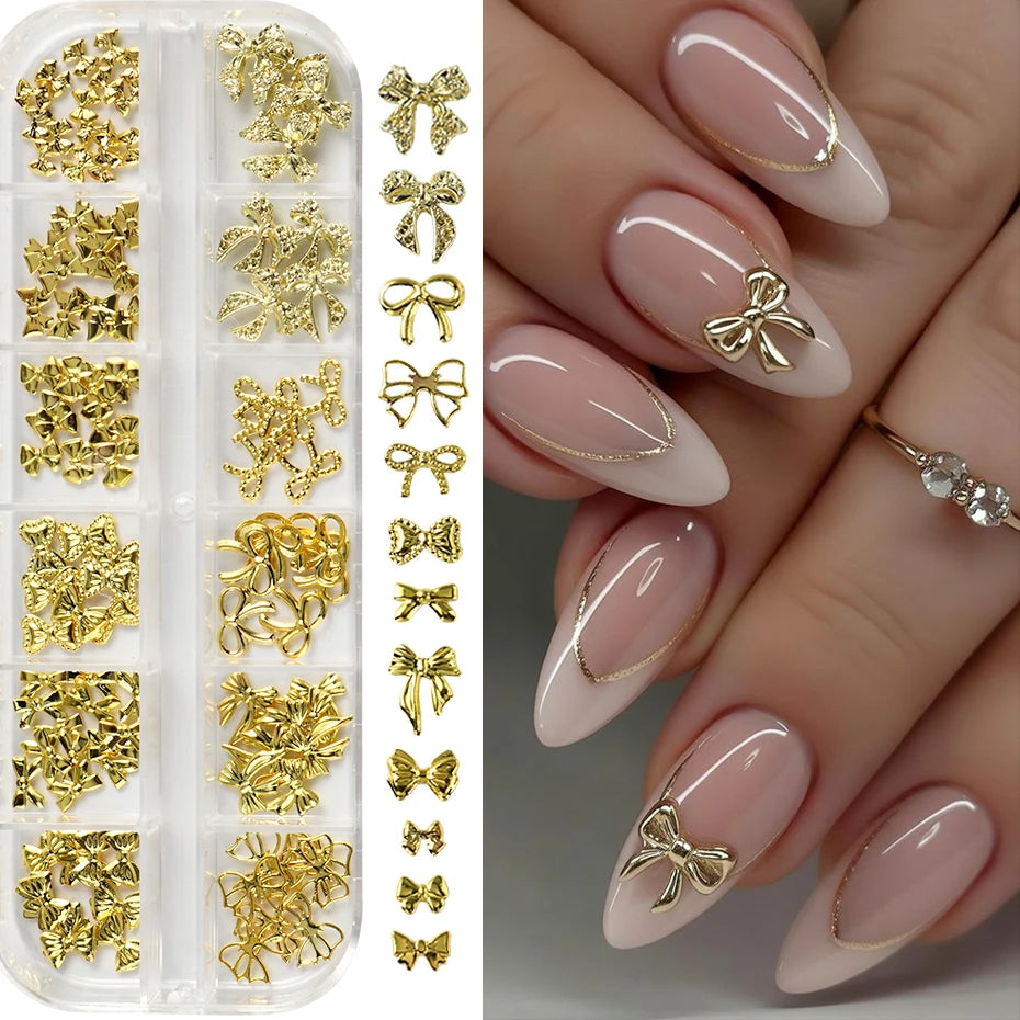 Golden Bow Nail Art Charms Set - 12 Alloy Nail Jewelry Decorations