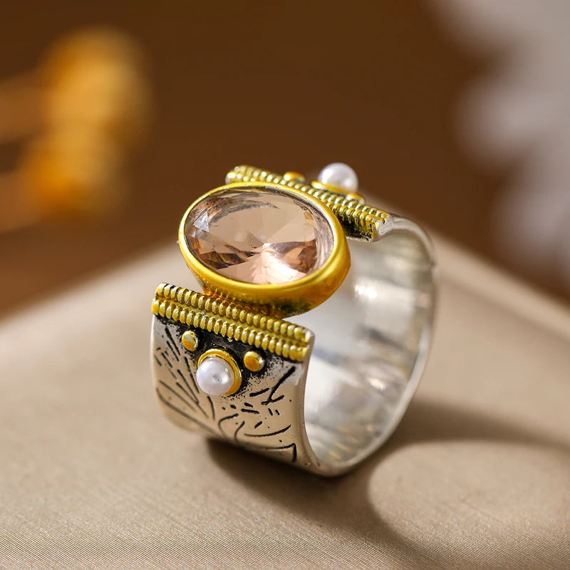 Exaggerated Wide-Gauge Vintage Ring with Artificial Gemstone in Copper - Adjustable Sizes