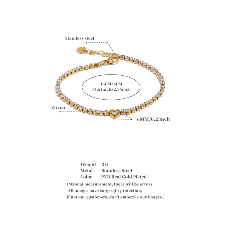 Delicate Heart Chain Bracelet Bangle with Cubic Zirconia Stainless Steel Jewelry