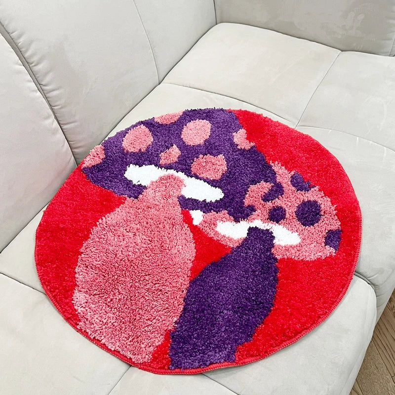 Red Psychedelic Mushroom Tufted Rug Anti-Slip Trippy Bedroom Handmade Carpet