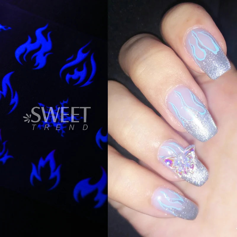 Fluorescent Fire Flame Nail Transfer Foils - Neon Sparkle Nail Art Stickers, Halloween Series