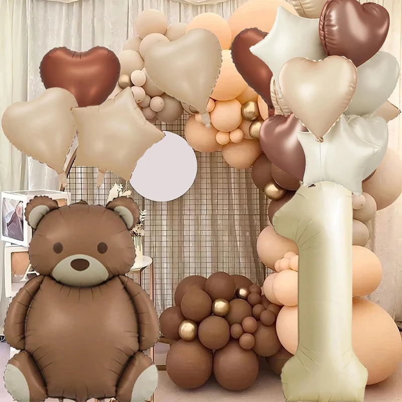 Inflatable Brown Bear Foil Balloon with Cream Number for Baby Shower Birthday Party