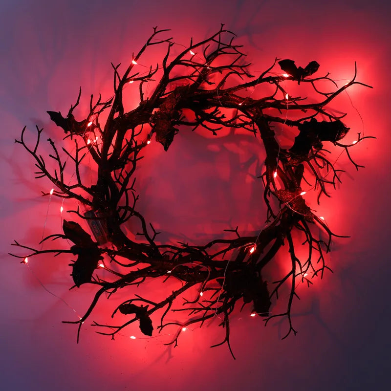 Halloween Artificial Wreath with Bat Design and LED Lights for Front Door Decor