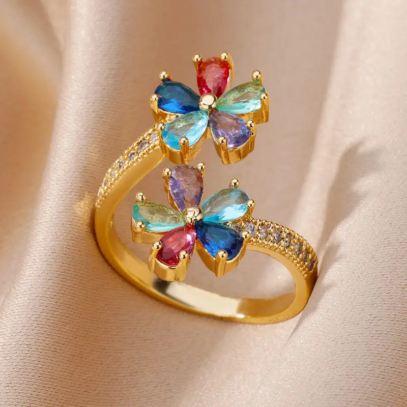Colored Zircon Double Flower Ring for Women Gold Plated Stainless Steel Wedding Jewelry Gift