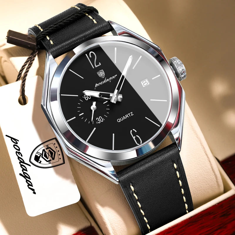 Men's Waterproof Leather Quartz Watch with Luminous Dial and Date Function