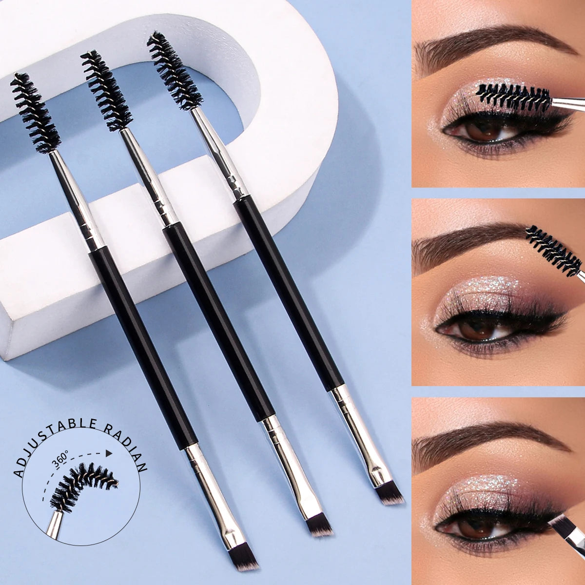 3Pcs Angled Eyebrow & Eyelash Makeup Brush Set - Professional Quality