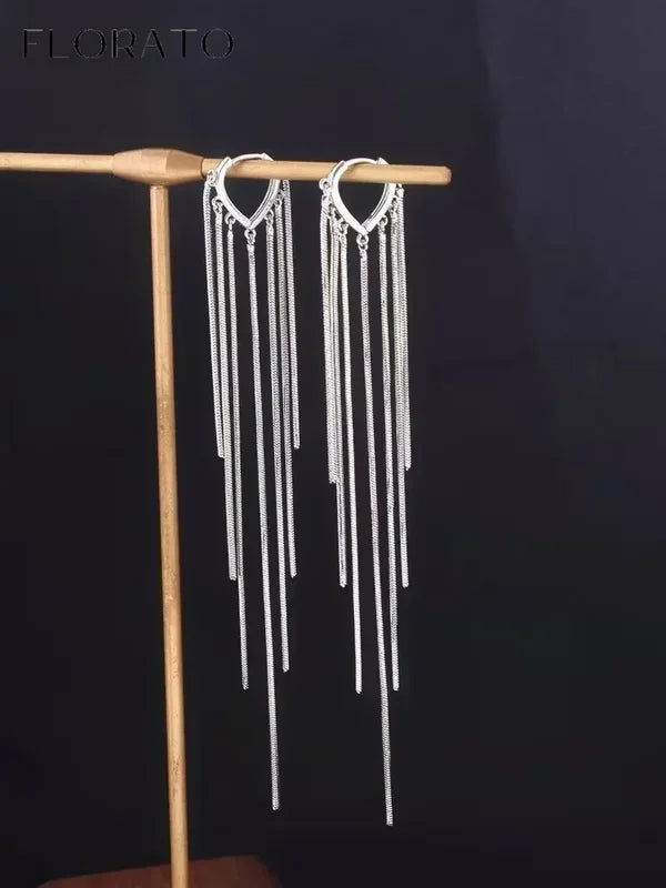 Sterling Silver Tassel Earrings with Zircon for Women Trendy Wedding Jewelry