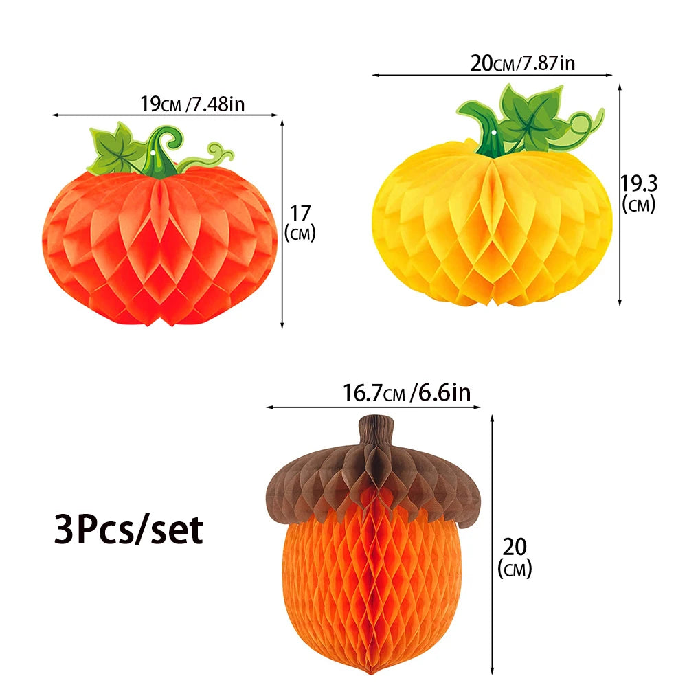 3-Pack Pumpkin Chestnut Honeycomb Decorations for Thanksgiving Halloween Party