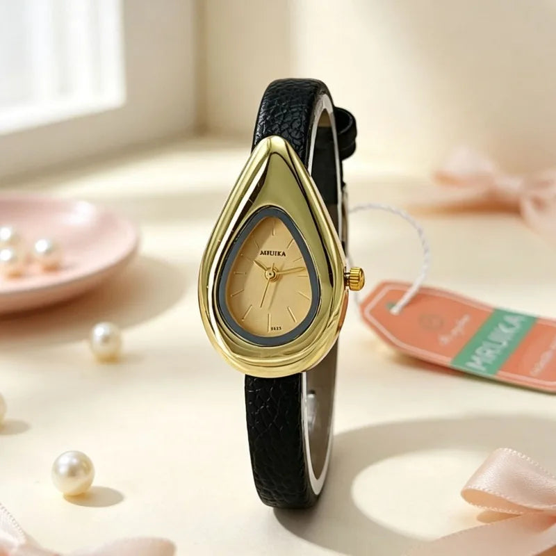 Irregular Water Drop Dial Quartz Watch for Women Retro Leather Strap Dress Watch