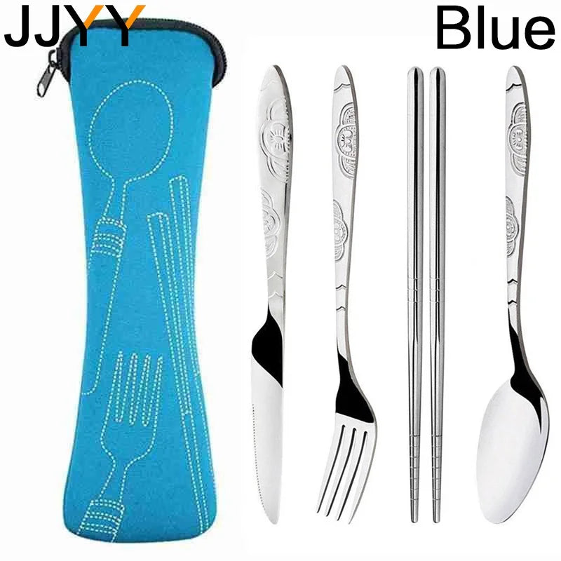 Portable Stainless Steel Cutlery Set for Camping - Fork, Spoon, Knife & Chopsticks with Bag